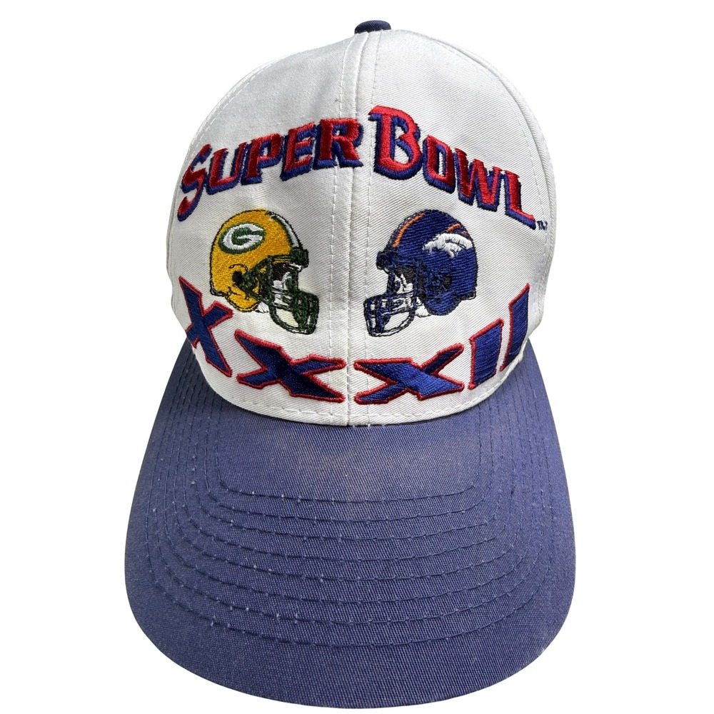 Vintage Logo 7 Super Bowl XXXII Hat NFL Packers Broncos Snapback Cap White Blue